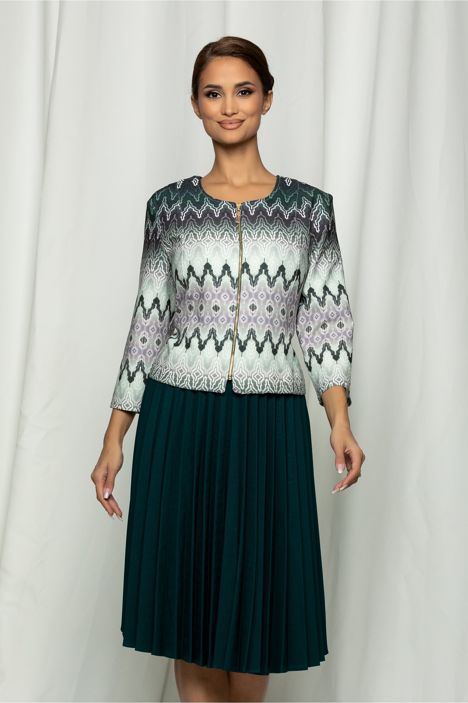 Compleu bia verde cu imprimeuri sacou + rochie plisata