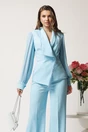 Compleu bleu cu pantaloni evazati si sacou cambrat cu maneci din voal plisat, 2, dyfashion.ro