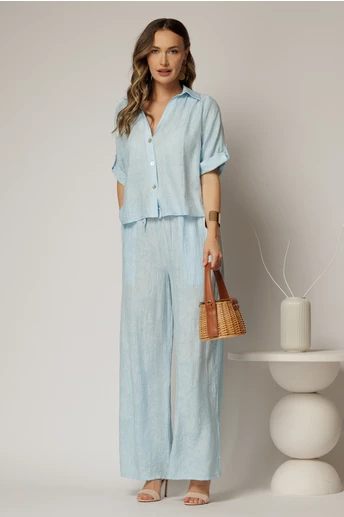 Compleu bleu de vara din camasa si pantaloni din viscoza creponata