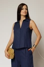Compleu bleumarin din in cu vesta si pantaloni evazati, 2, dyfashion.ro