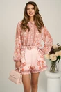 Compleu cu camasa din voal si pantaloni scurti din viscoza roz cu imprimeu portocaliu, 1, dyfashion.ro