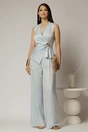 Compleu dama bleu din satin cu bluza cu dantela la decolteu si pantaloni, 1, dyfashion.ro
