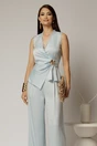Compleu dama bleu din satin cu bluza cu dantela la decolteu si pantaloni, 3, dyfashion.ro