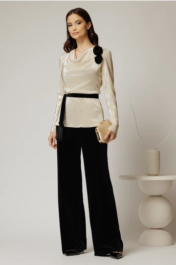 Compleu dama cu bluza aurie si pantalon din catifea