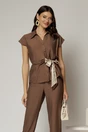 Compleu dama din viscoza maro cu pantalon si camasa cu funda in talie, 3, dyfashion.ro