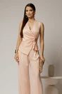 Compleu dama roz din satin cu bluza cu dantela la decolteu si pantaloni, 3, dyfashion.ro
