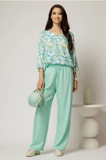 Compleu din viscoza cu pantaloni si bluza cu print menta