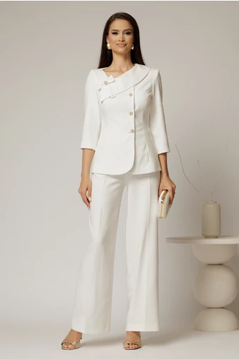 Compleu DY Fashion alb din sacou cu funda si nasturi perla si pantaloni