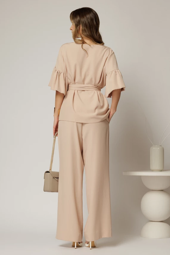 Compleu DY Fashion bej de zi din bluza si pantalon cu adaos de viscoza si croi lejer