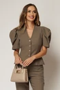 Compleu DY Fashion bej din sacou cambrat cu maneci bufante si pantalon, 3, dyfashion.ro