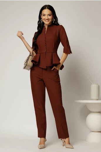 Compleu DY Fashion caramiziu cu sacou cu peplum si inchidere cu nasturi