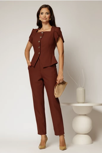 Compleu DY Fashion caramiziu format din sacou cu nasturi si pantaloni