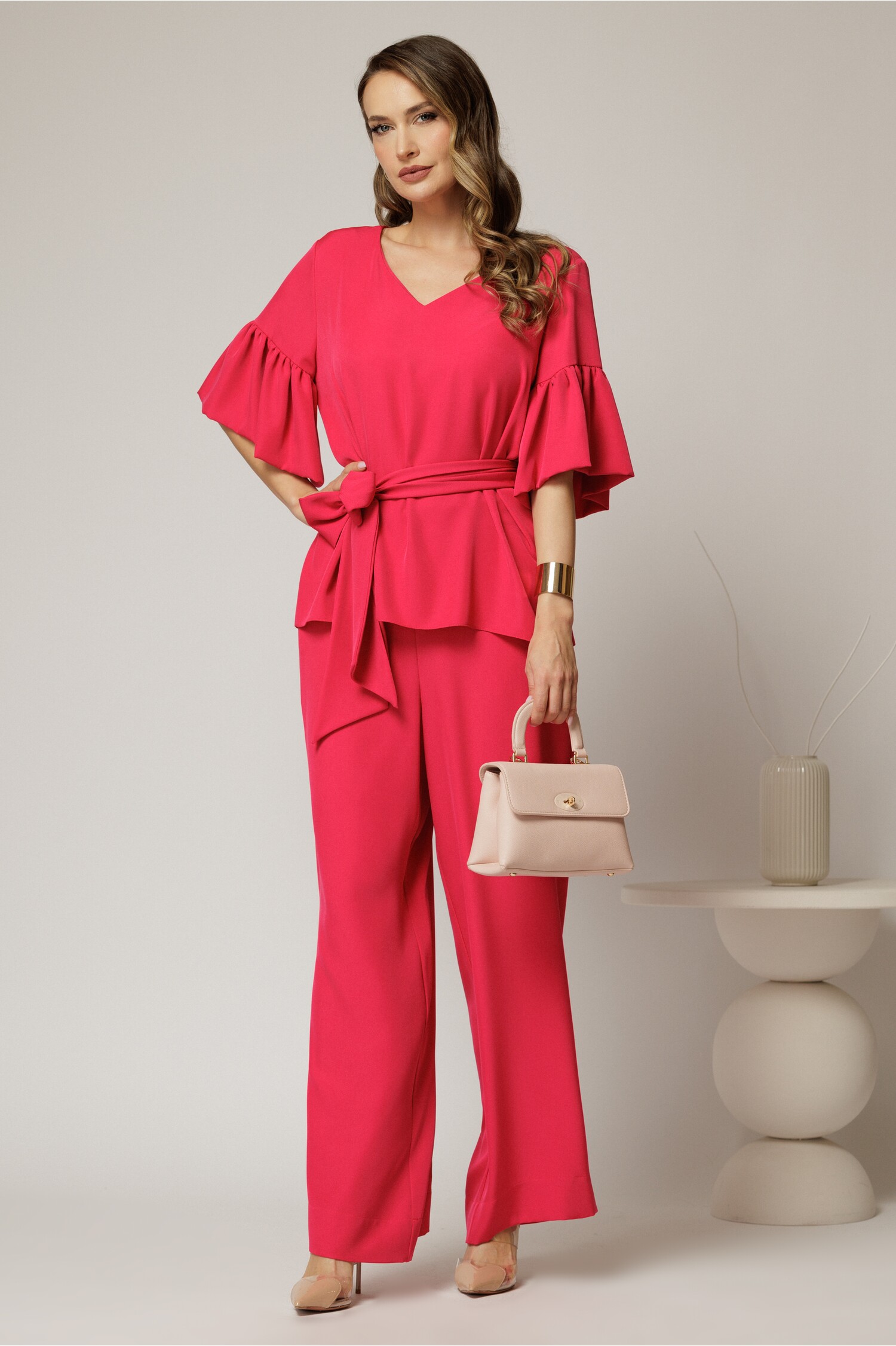 Compleu DY Fashion fucsia de zi din bluza si pantalon cu adaos de viscoza si croi lejer
