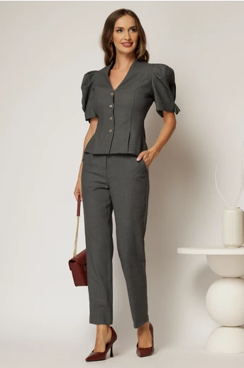 Compleu DY Fashion gri din sacou cambrat cu maneci bufante si pantalon