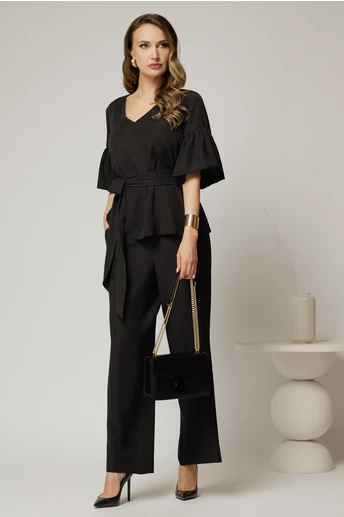 Compleu DY Fashion negru de zi din bluza si pantalon cu adaos de viscoza si croi lejer