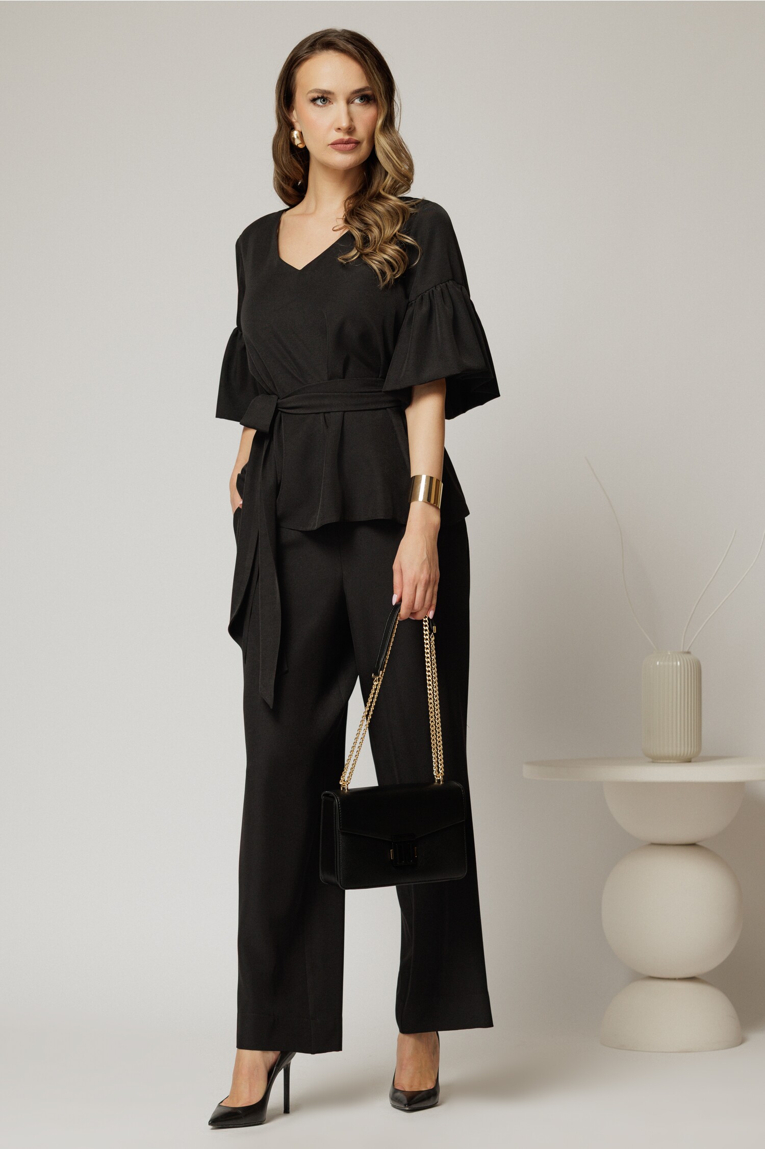 Compleu DY Fashion negru de zi din bluza si pantalon cu adaos de viscoza si croi lejer