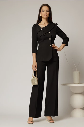 Compleu DY Fashion negru din sacou cu funda si nasturi perla si pantaloni