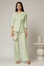 Compleu DY Fashion verde fistic din sacou cu funda si nasturi perla si pantaloni, 1, dyfashion.ro