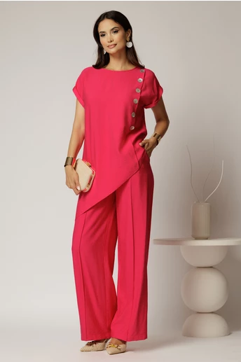 Compleu fucsia din viscoza din bluza asimetrica si pantalon lejer