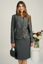 Compleu gri cu rochie midi conica din stofa si sacou cambrat din brocard- Viada, 1, dyfashion.ro
