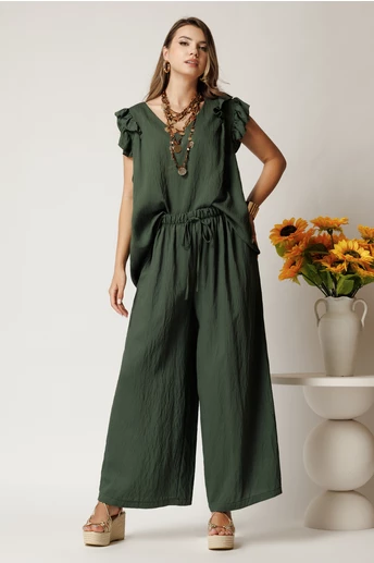 Compleu kaki din viscoza cu bluza si pantaloni lejeri