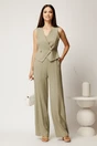 Compleu kaki din viscoza si adaos de in cu vesta cambrata si pantaloni lejeri, 1, dyfashion.ro