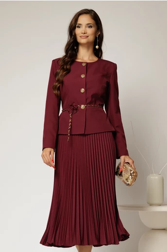 Compleu magenta format din fusta plisata si sacou cu lantisor decorativ