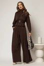 Compleu maro cu jacheta si pantaloni evazati cu pliuri, 1, dyfashion.ro