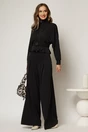 Compleu negru cu jacheta si pantaloni evazati cu pliuri, 1, dyfashion.ro