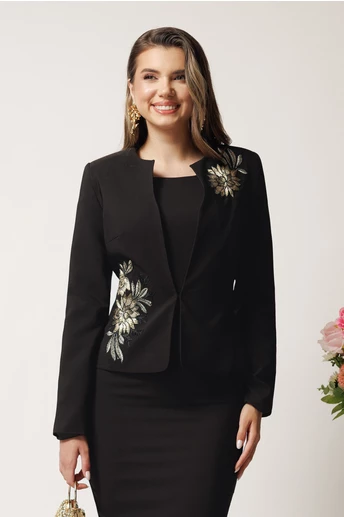 Compleu negru cu rochie midi conica si sacou cu broderie- LaDonna