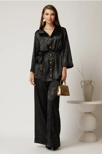 Compleu negru din satin cu camasa si pantaloni