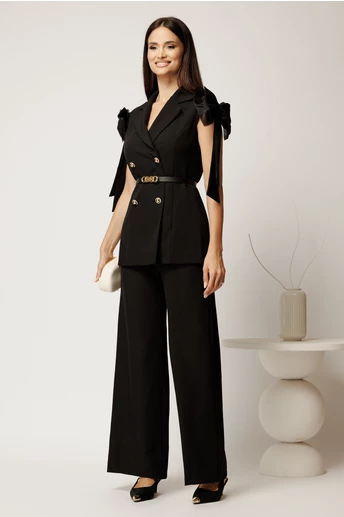 Compleu negru din stofa cu funde la maneci si curea in talie