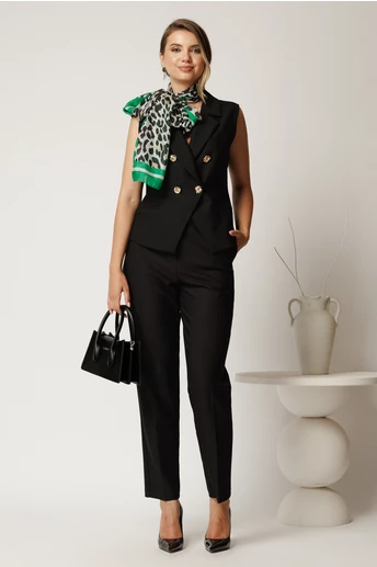 Compleu negru elegant din stofa cu vesta cambrata si pantaloni