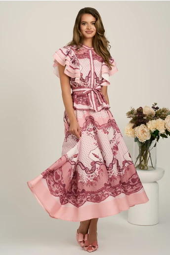 Compleu roz cu bluza si fusta midi din viscoza cu imprimeu
