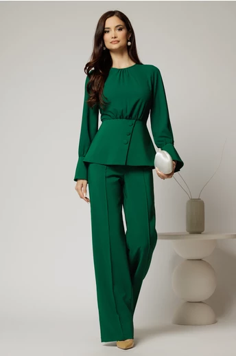 Compleu verde din stofa cu bluza din voal cu peplum si pantaloni lejeri
