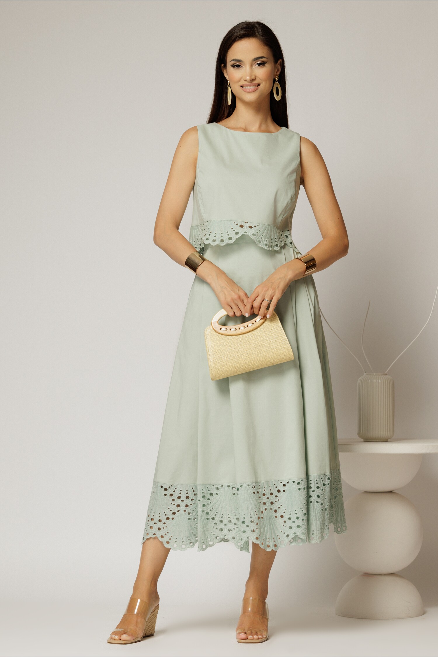 Compleu verde fistic din poplin format din fusta clos si top scurt
