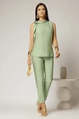 Compleu verde fistic din vascoza cu bluza fara maneci si pantalon lejer, 1, dyfashion.ro