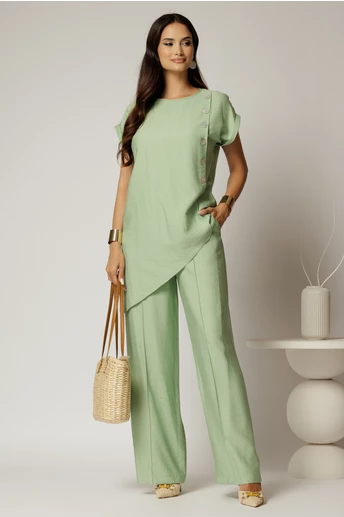 Compleu verde fistic din viscoza din bluza asimetrica si pantalon lejer
