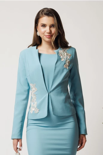 Compleu verde menta cu rochie midi conica si sacou cu broderie- LaDonna