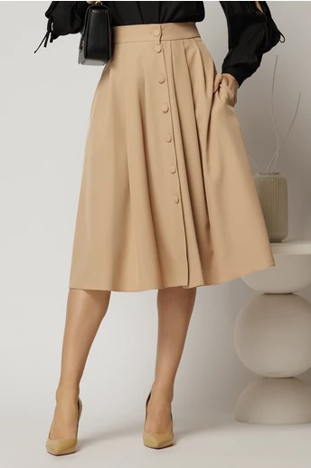 Fusta DY Fashion bej cu nasturi si pliuri din talie