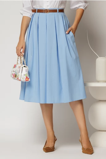 Fusta DY Fashion bleu din poplin cu pliuri si curea in talie