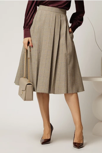 Fusta DY Fashion clos cu carouri bleu si bej cu pliuri