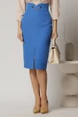 Fusta DY Fashion conica albastra cu decupaj la talie si lantisor auriu, 1, dyfashion.ro