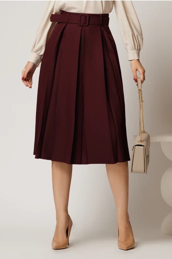 Fusta DY Fashion grena in clos cu pliuri ample si curea in talie