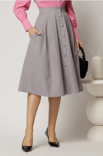 Fusta DY Fashion gri cu nasturi si pliuri din talie