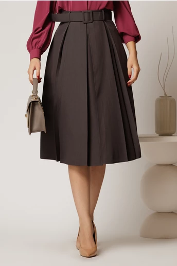 Fusta DY Fashion gri in clos cu pliuri ample si curea in talie