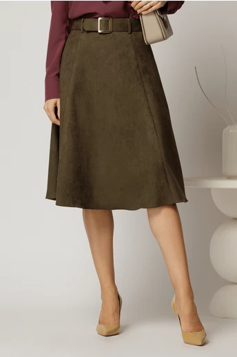 Fusta DY Fashion kaki clos din piele intoarsa si curea in talie