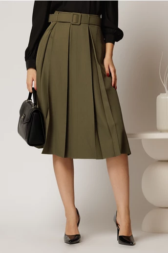 Fusta DY Fashion kaki in clos cu pliuri ample si curea in talie