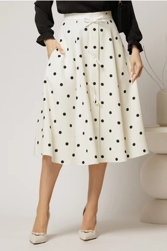 Fusta DY Fashion midi alba cu buline si fundite in contrast