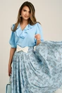 Fusta DY Fashion midi bleu din voal in clos cu imprimeuri florale si funda in talie, 4, dyfashion.ro